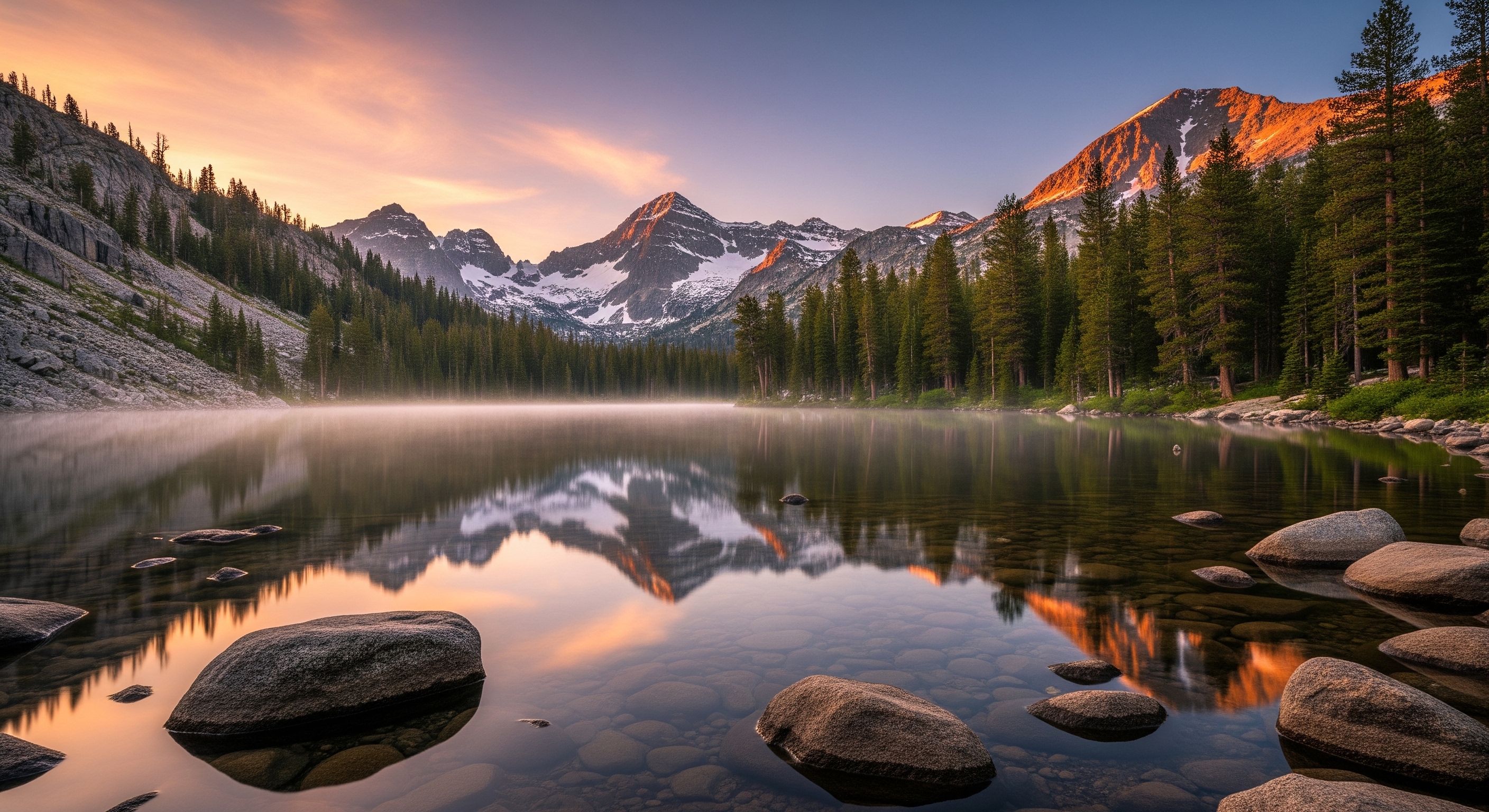 Serene alpine lake reflecting snow-capped mountains